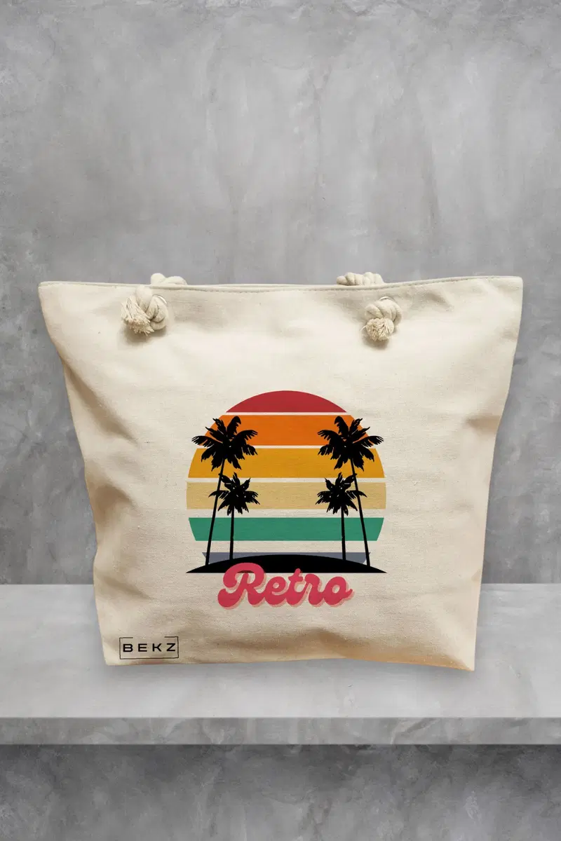 Geanta de Plaja Canvas Tote pentru femei, model Retro, 40x51 cm, Bej, BEKZ®