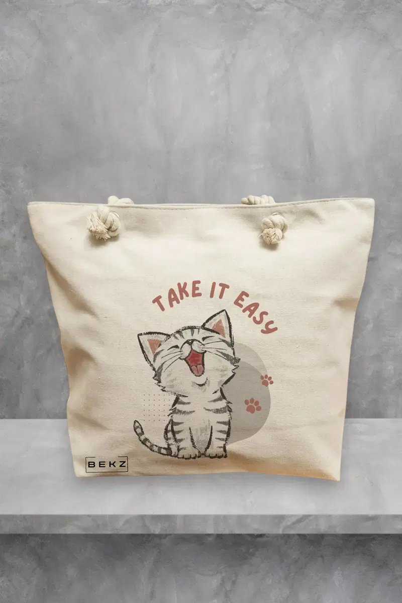 Geanta de Plaja Canvas Tote pentru femei, model Take it Easy, 40x51 cm, Bej, BEKZ®