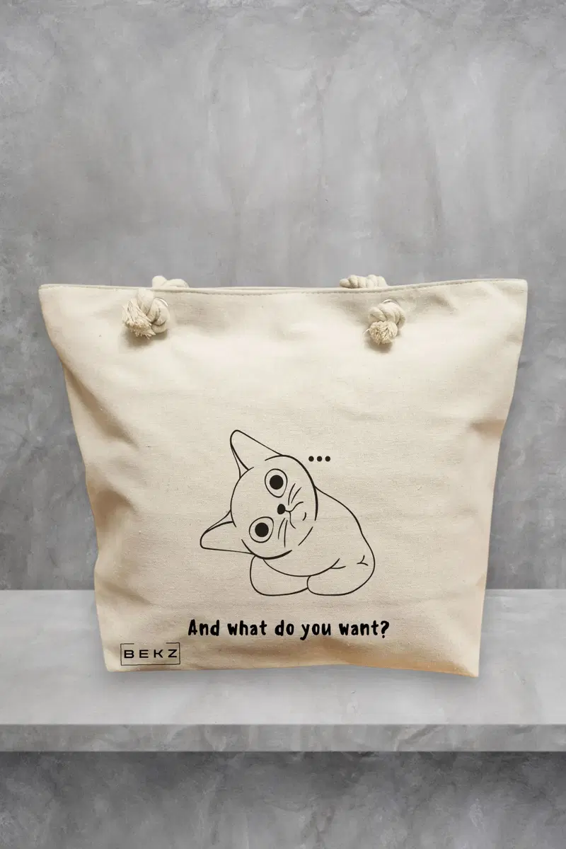 Geanta de Plaja Canvas Tote pentru femei, model And what do you want?, 40x51 cm, Bej, BEKZ®