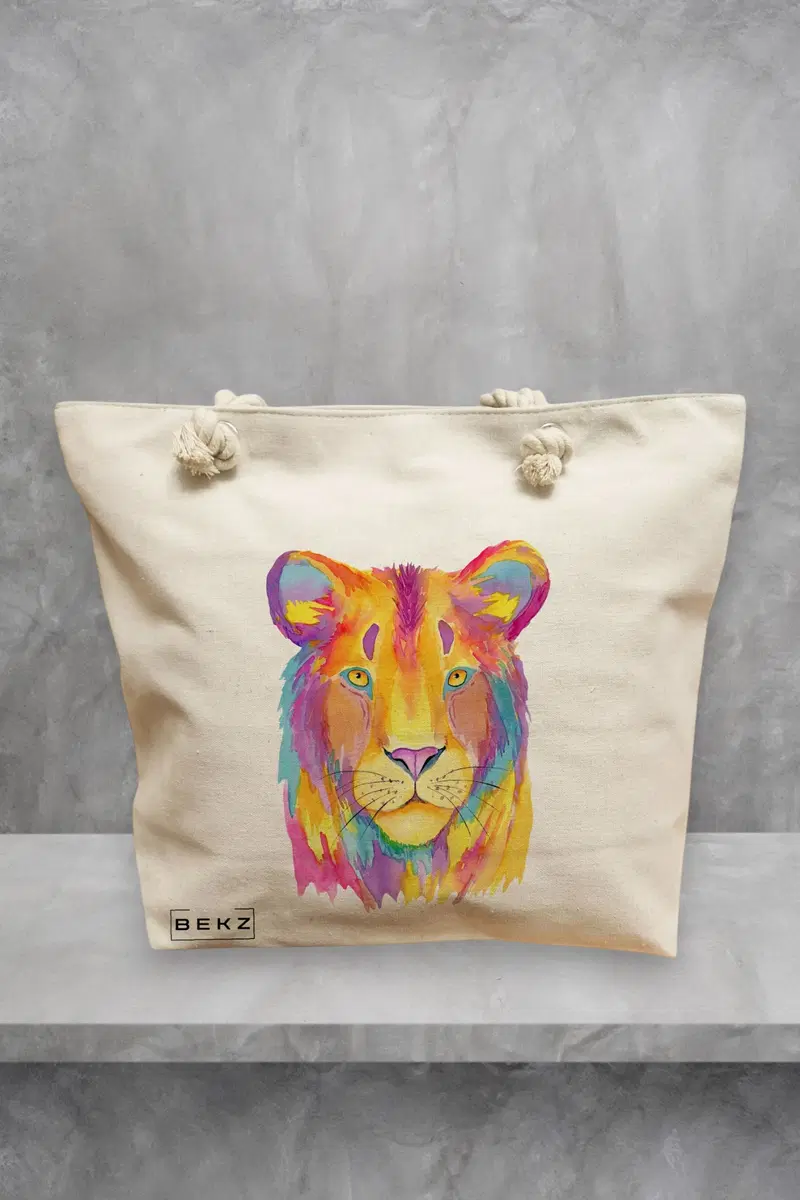 Geanta de Plaja Canvas Tote pentru femei, model Watercolor Lion, 40x51 cm, Bej, BEKZ®