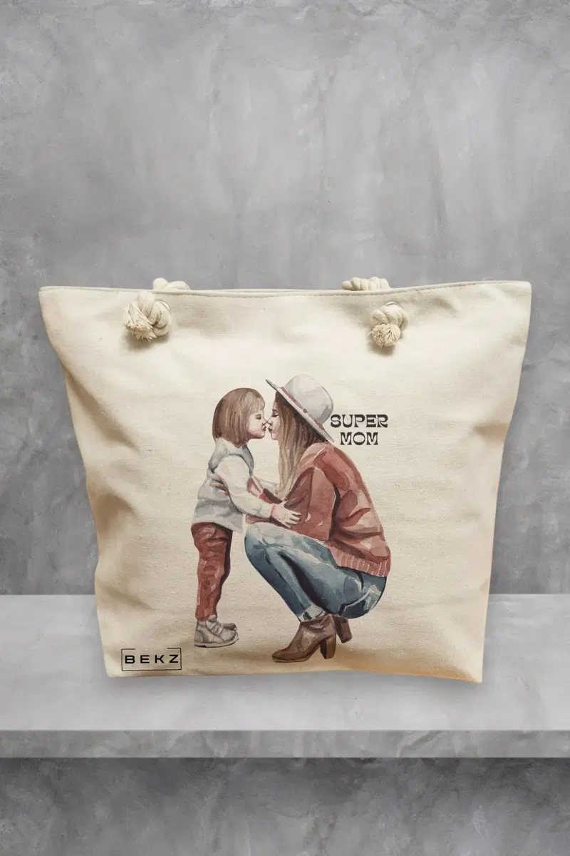 Geanta de Plaja Canvas Tote pentru femei, model Super Mom 4, 40x51 cm, Bej, BEKZ®