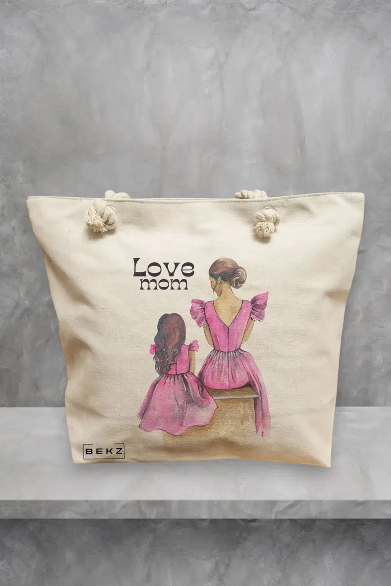 Geanta de Plaja Canvas Tote pentru femei, model Love Mom, 40x51 cm, Bej, BEKZ®