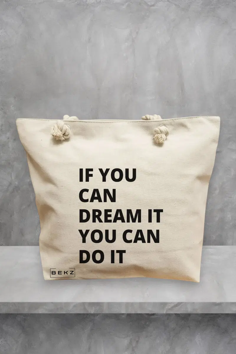 Geanta de Plaja Canvas Tote pentru femei, model If you can dream it you can do it, 40x51 cm, Bej, BEKZ®
