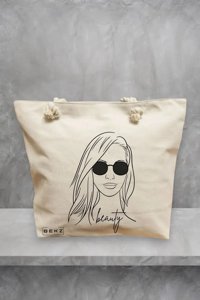 Geanta de Plaja Canvas Tote pentru femei, model Beauty Girl, 40x51 cm, Bej, BEKZ®