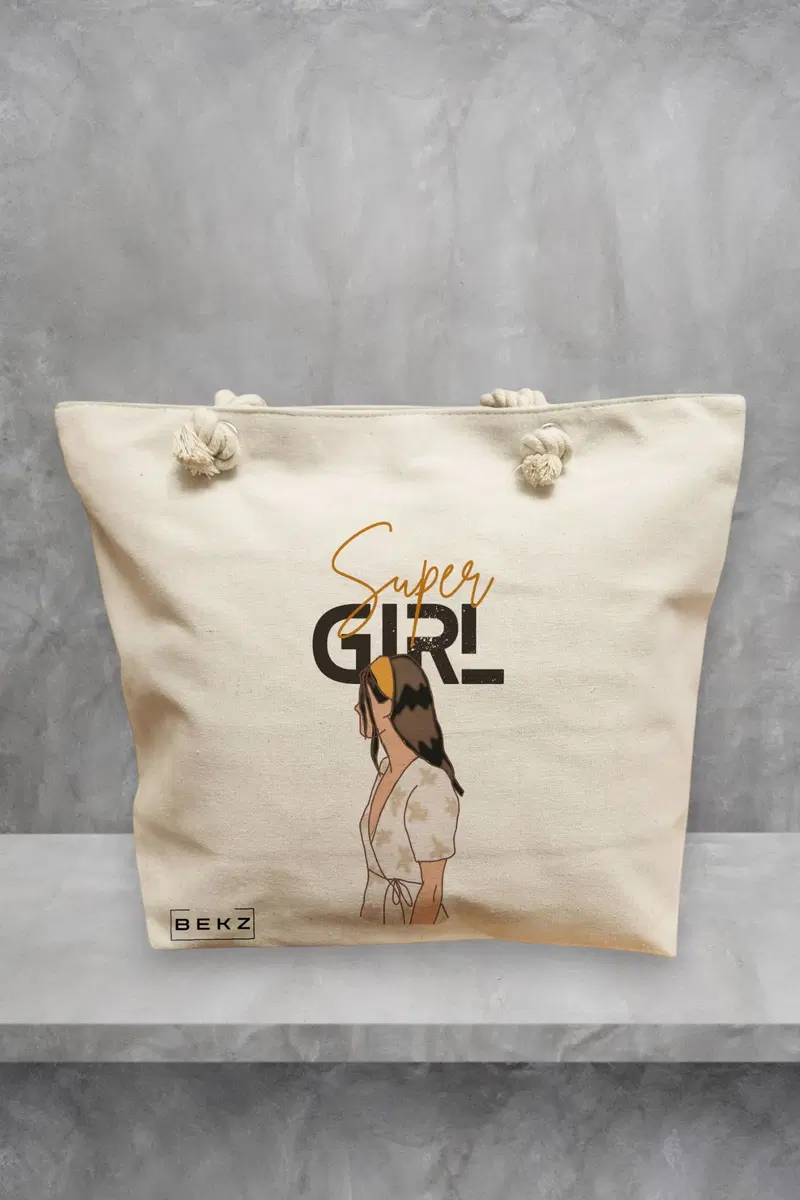 Geanta de Plaja Canvas Tote pentru femei, model Super Girl, 40x51 cm, Bej, BEKZ®