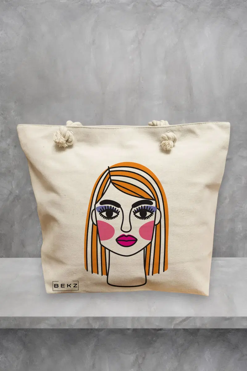 Geanta de Plaja Canvas Tote pentru femei, model Modern Makeup, 40x51 cm, Bej, BEKZ®