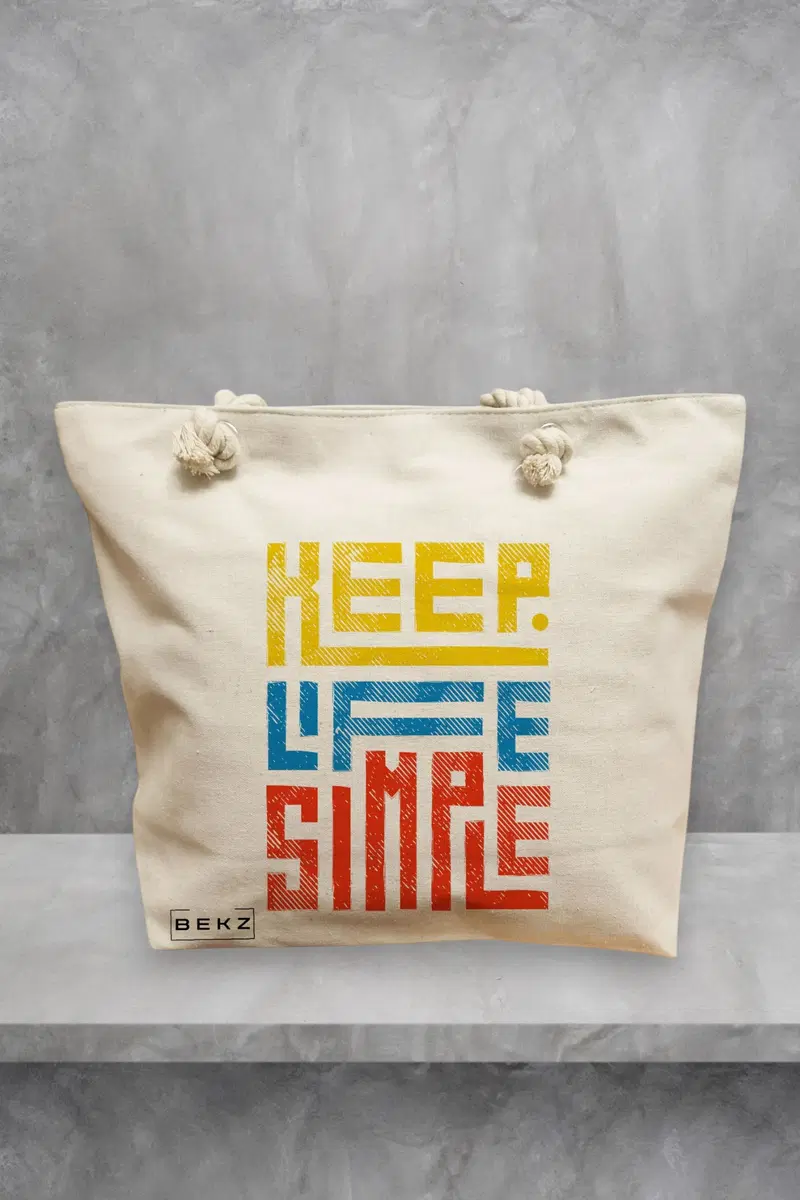 Geanta de Plaja Canvas Tote pentru femei, model Keep Life Simple, 40x51 cm, Bej, BEKZ®