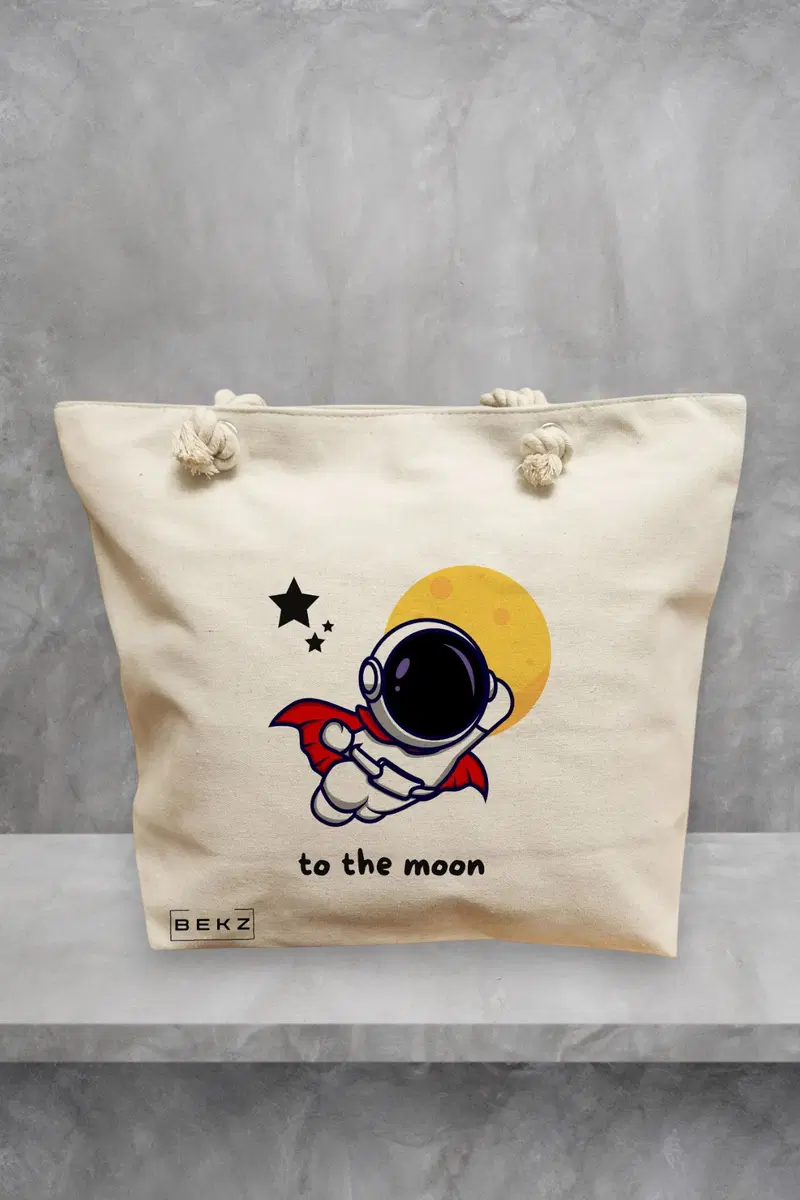 Geanta de Plaja Canvas Tote pentru femei, model To the moon, 40x51 cm, Bej, BEKZ®