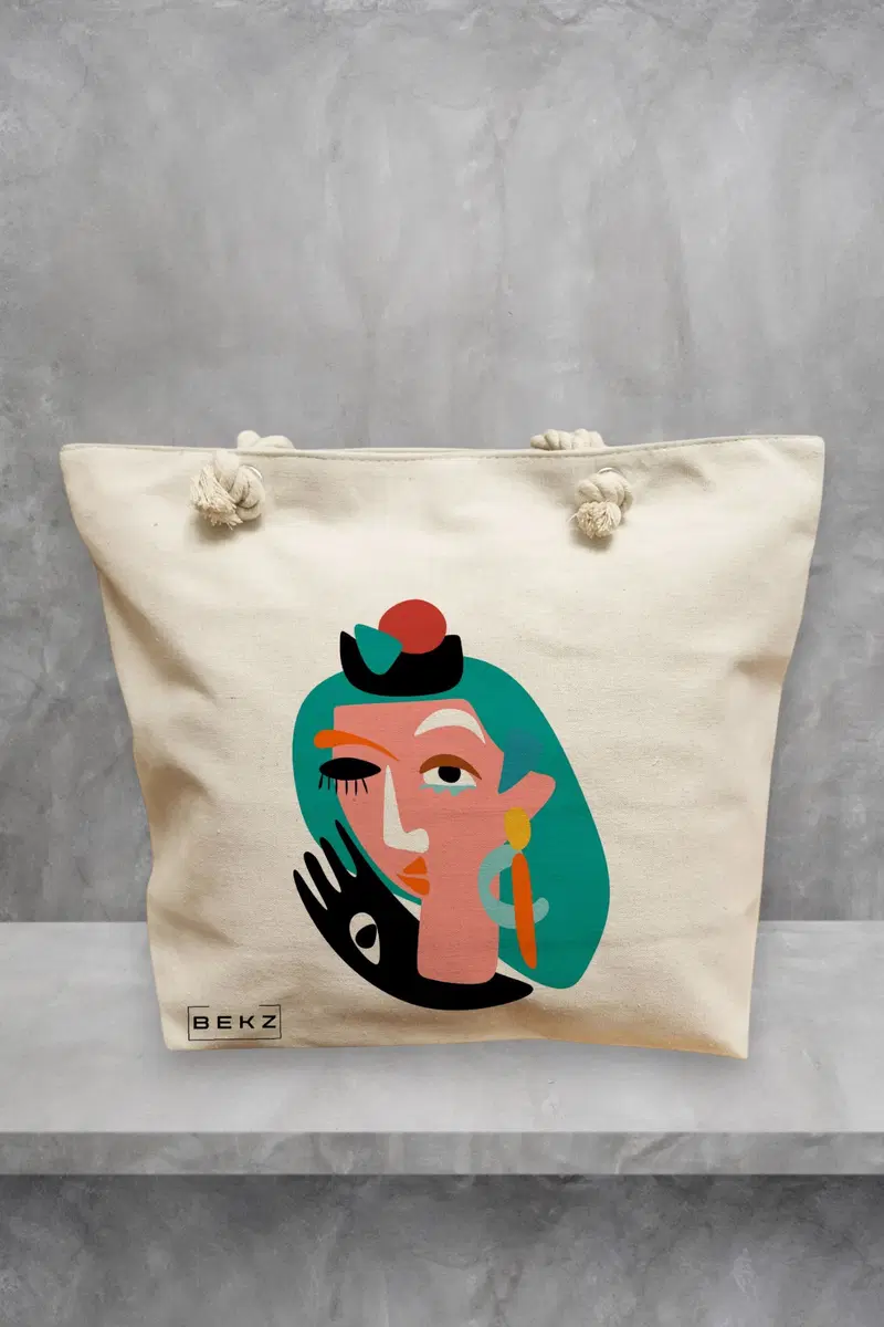 Geanta de Plaja Canvas Tote pentru femei, model Abstract face, 40x51 cm, Bej, BEKZ®