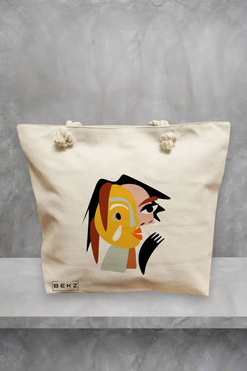 Geanta de Plaja Canvas Tote pentru femei, model Abstract face 2, 40x51 cm, Bej, BEKZ®