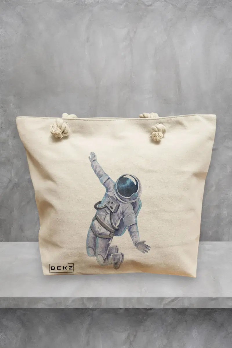 Geanta de Plaja Canvas Tote pentru femei, model Astronaut, 40x51 cm, Bej, BEKZ®