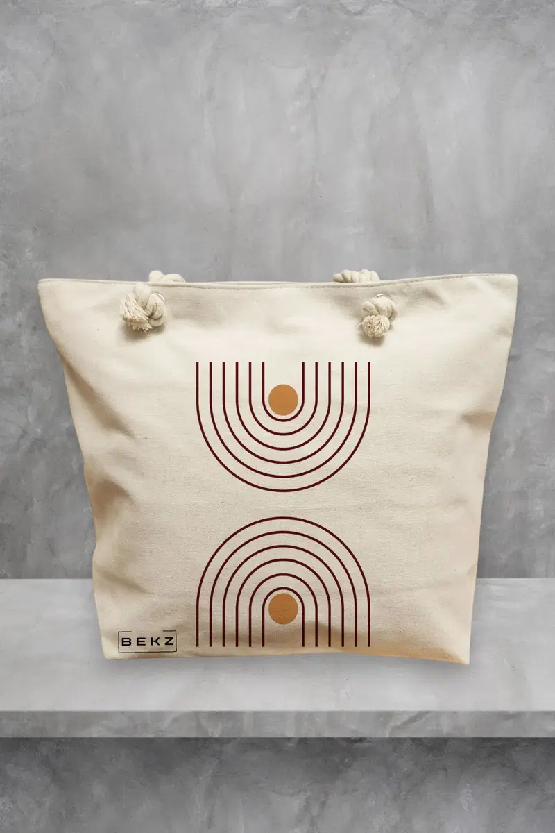 Geanta de Plaja Canvas Tote pentru femei, model Sunshine Arches, 40x51 cm, Bej, BEKZ®