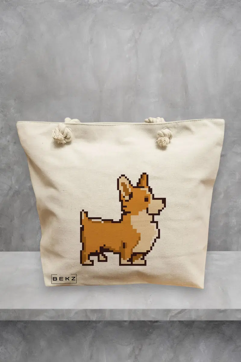 Geanta de Plaja Canvas Tote pentru femei, model 8bit Doggo, 40x51 cm, Bej, BEKZ®