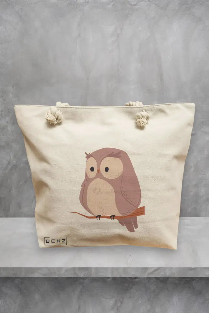 Geanta de Plaja Canvas Tote pentru femei, model Cute Owl, 40x51 cm, Bej, BEKZ®
