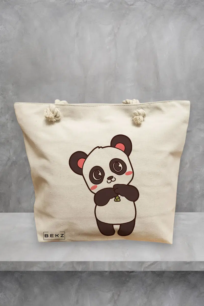 Geanta de Plaja Canvas Tote pentru femei, model Panda Love, 40x51 cm, Bej, BEKZ®