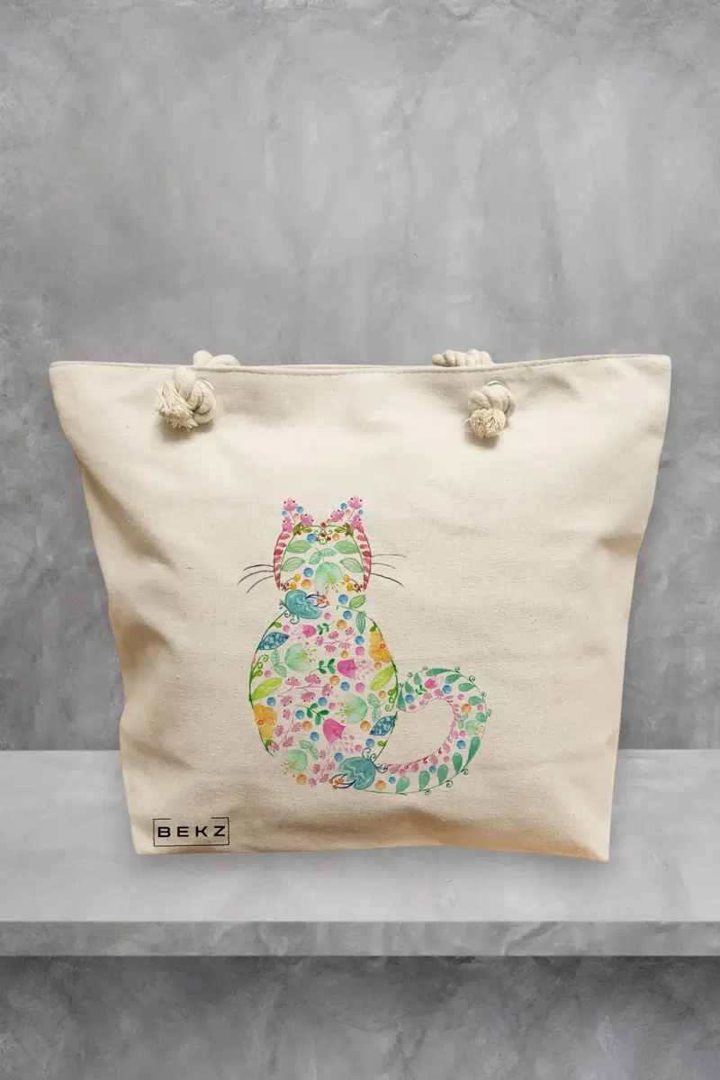 Geanta de Plaja Canvas Tote pentru femei, model Floral Cat, 40x51 cm, Bej, BEKZ®