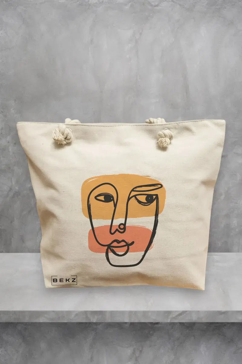 Geanta de Plaja Canvas Tote pentru femei, model Lines Art, 40x51 cm, Bej, BEKZ®