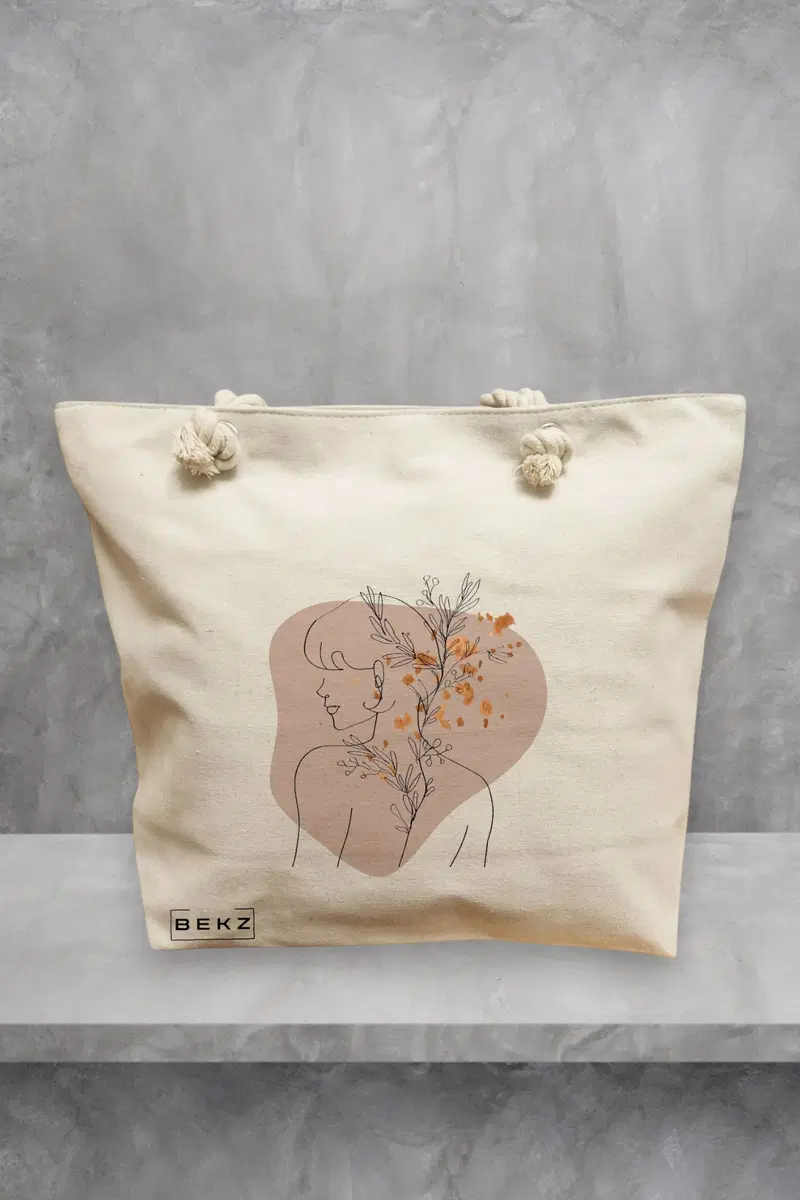 Geanta de Plaja Canvas Tote pentru femei, model Flower Girl, 40x51 cm, Bej, BEKZ®