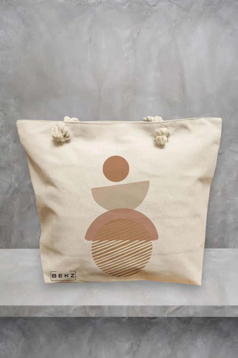 Geanta de Plaja Canvas Tote pentru femei, model Echilibru Geometric, 40x51 cm, Bej, BEKZ®
