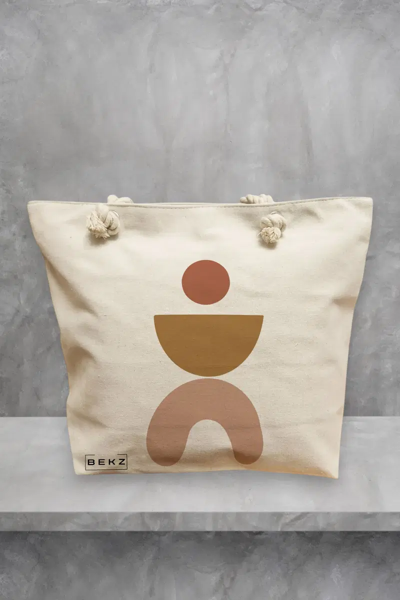 Geanta de Plaja Canvas Tote pentru femei, model Geometric Art, 40x51 cm, Bej, BEKZ®