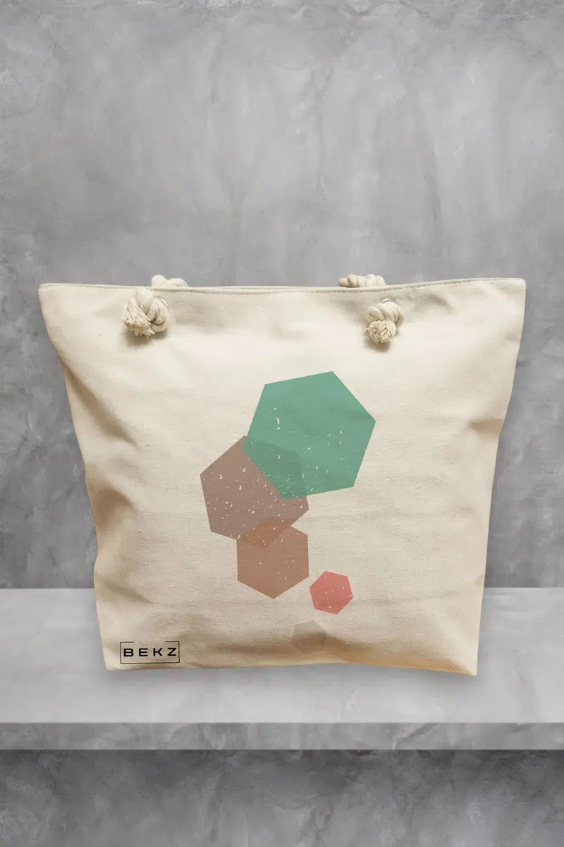 Geanta de Plaja Canvas Tote pentru femei, model Hexagons, 40x51 cm, Bej, BEKZ®