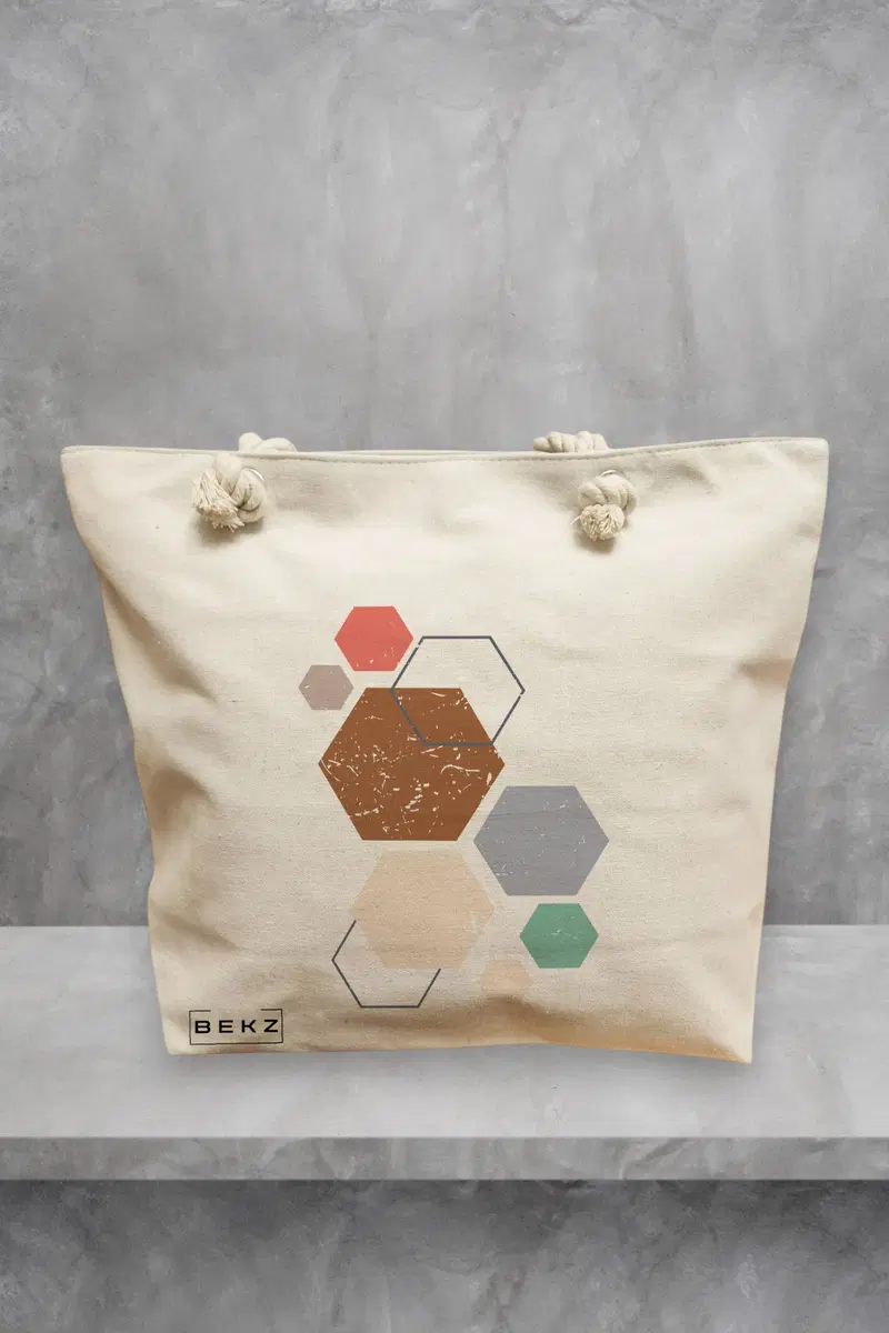 Geanta de Plaja Canvas Tote pentru femei, model Hexagons Pattern, 40x51 cm, Bej, BEKZ®