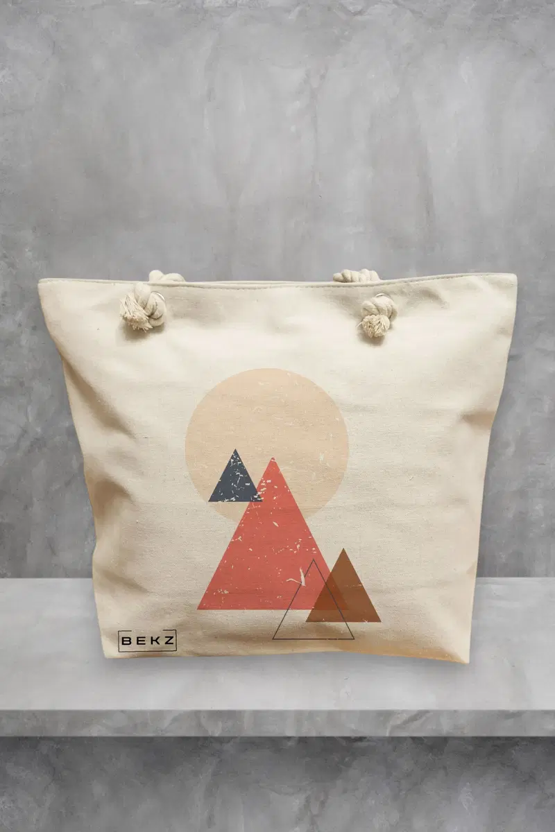 Geanta de Plaja Canvas Tote pentru femei, model Triangles, 40x51 cm, Bej, BEKZ®