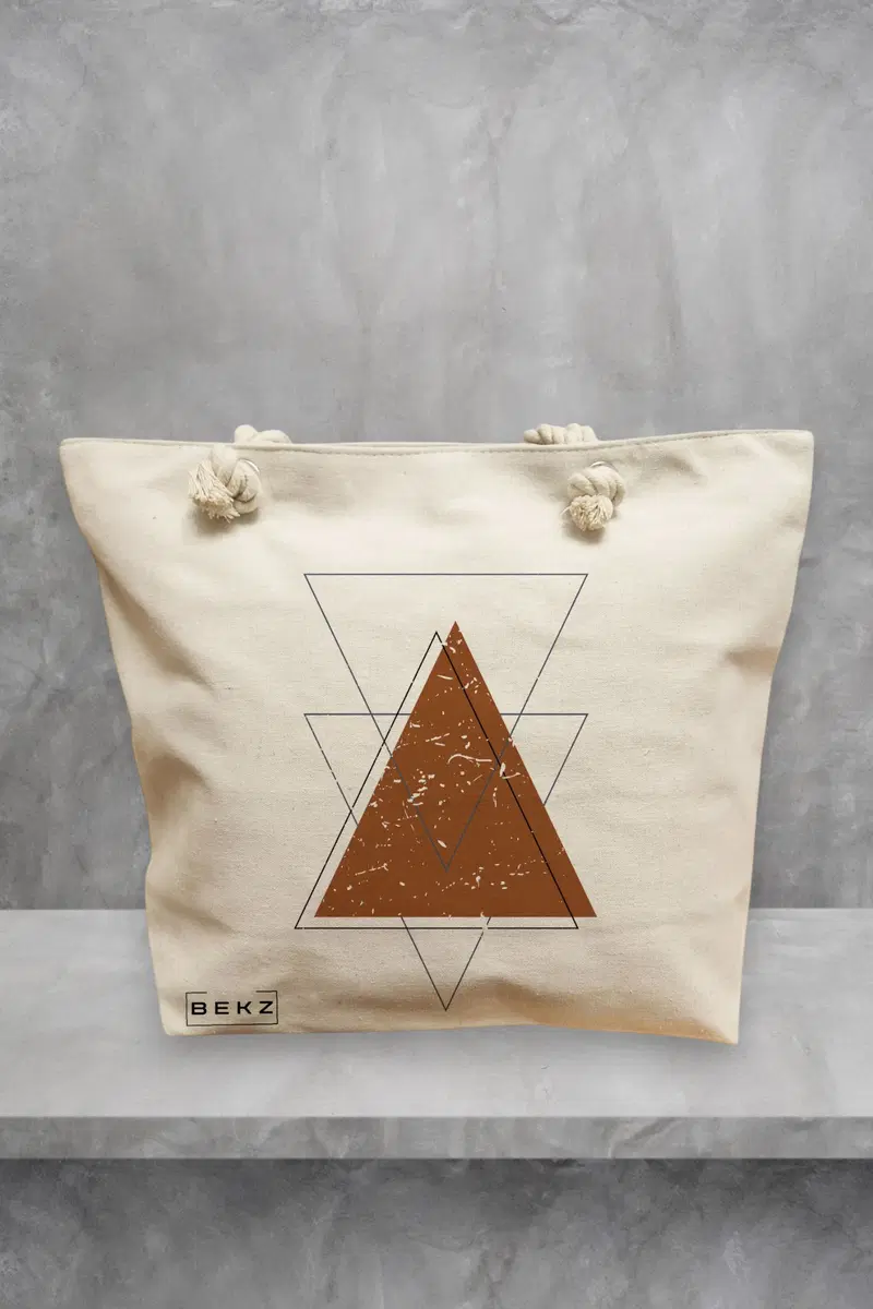 Geanta de Plaja Canvas Tote pentru femei, model Triangles art, 40x51 cm, Bej, BEKZ®