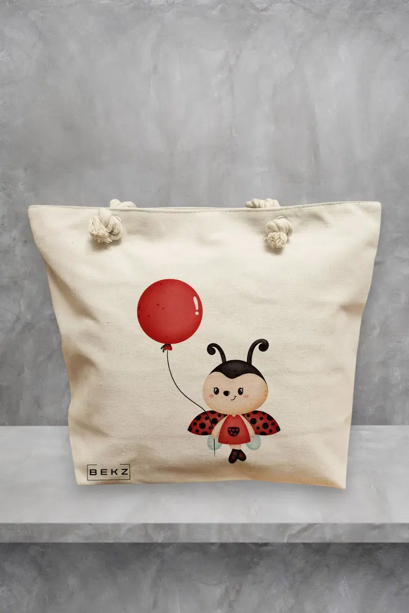 Geanta de Plaja Canvas Tote pentru femei, model Ladybug, 40x51 cm, Bej, BEKZ®