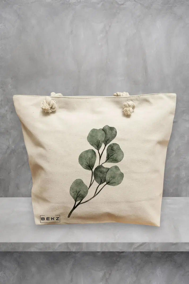 Geanta de Plaja Canvas Tote pentru femei, model Watercolor Leaves, 40x51 cm, Bej, BEKZ®
