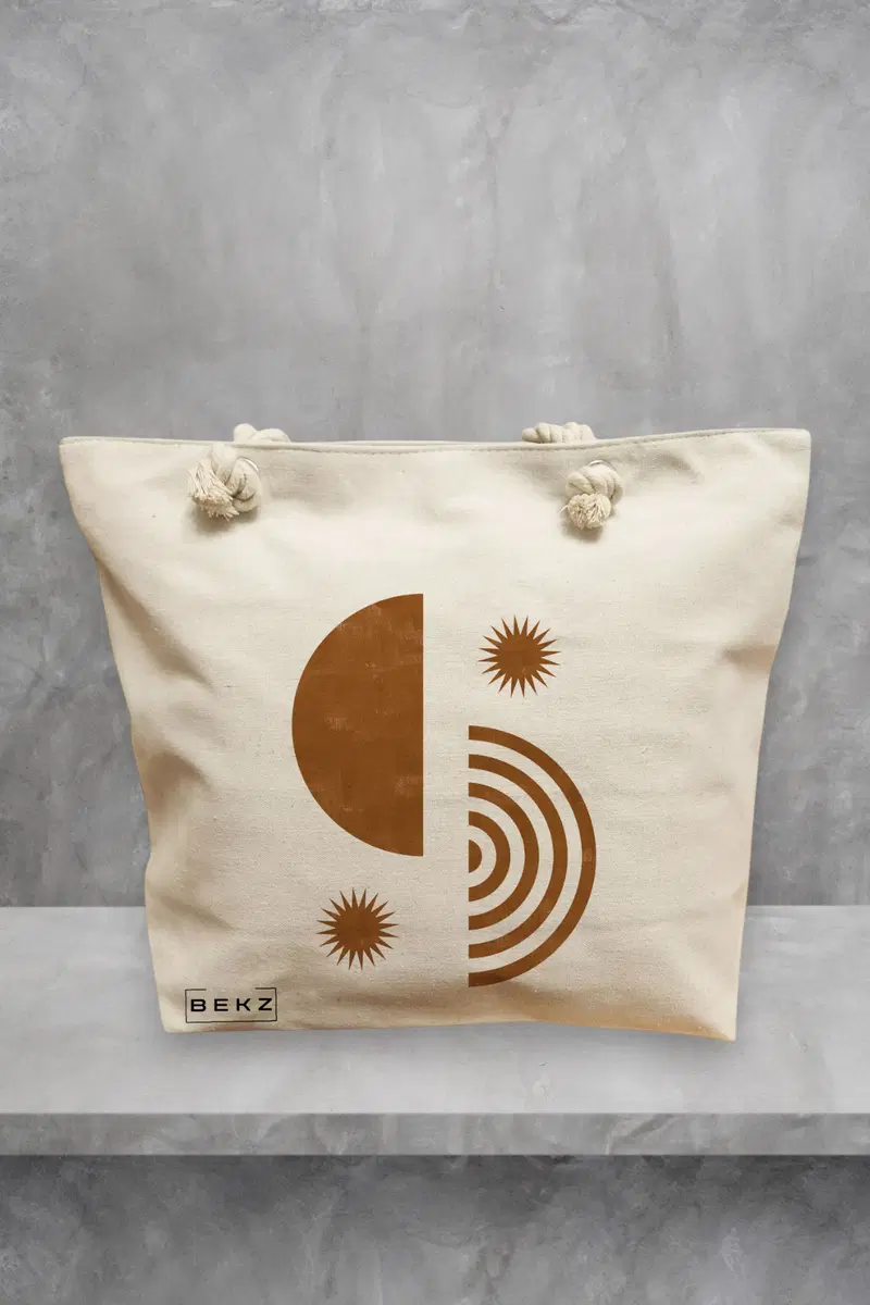 Geanta de Plaja Canvas Tote pentru femei, model Solar Energy, 40x51 cm, Bej, BEKZ®