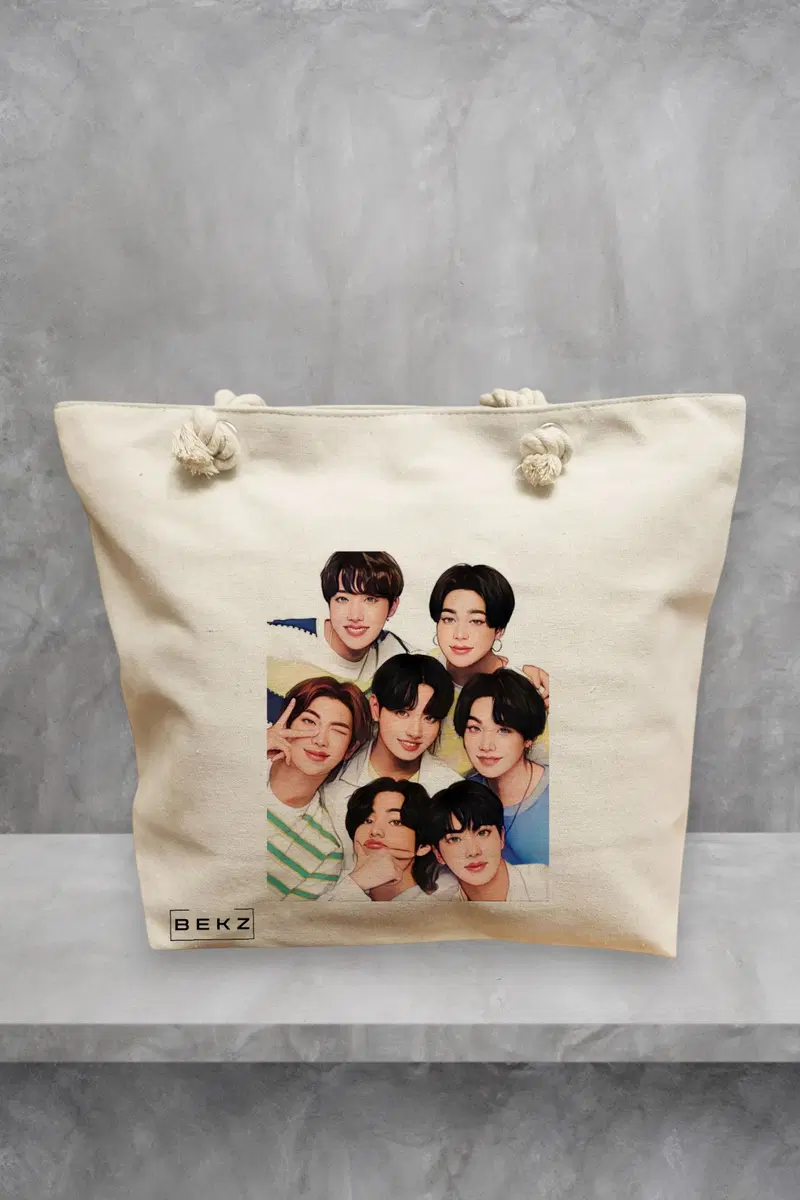 Geanta de Plaja Canvas Tote pentru femei, model BTS Army 2, 40x51 cm, Bej, BEKZ®