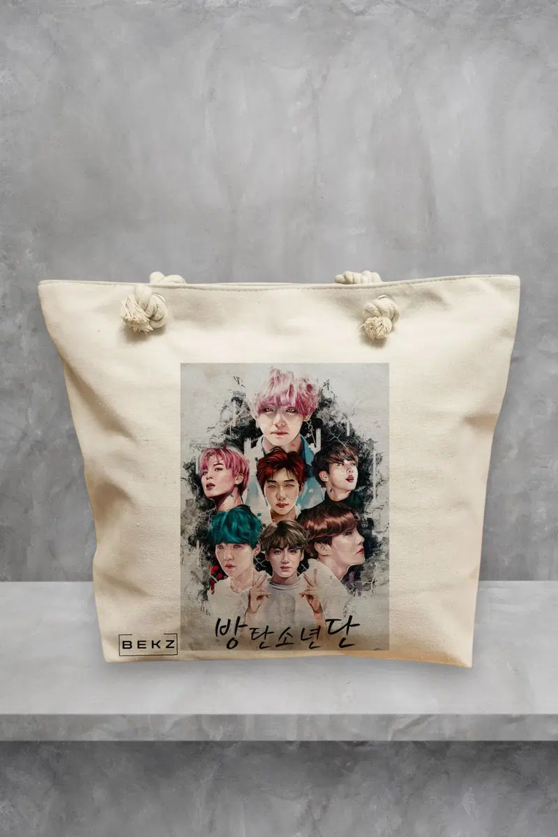 Geanta de Plaja Canvas Tote pentru femei, model BTS Army 3, 40x51 cm, Bej, BEKZ®