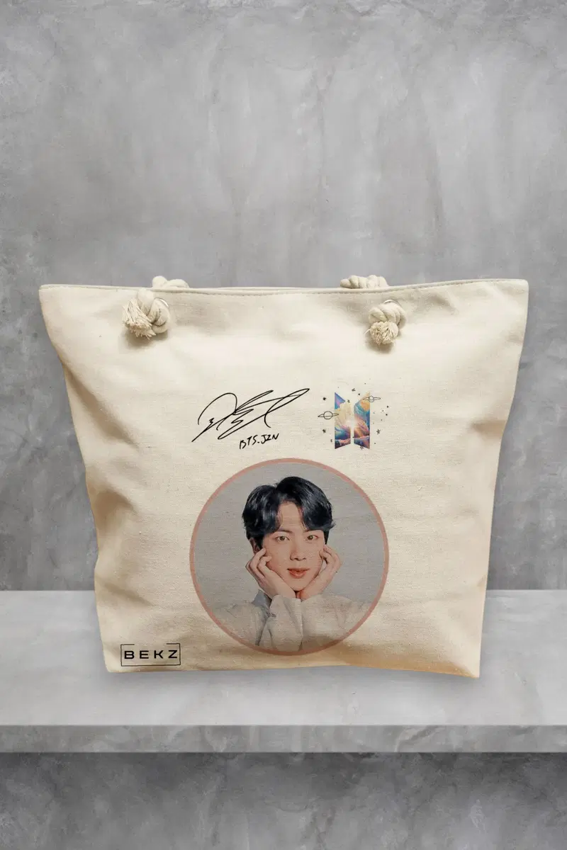 Geanta de Plaja Canvas Tote pentru femei, model BTS Jin, 40x51 cm, Bej, BEKZ®