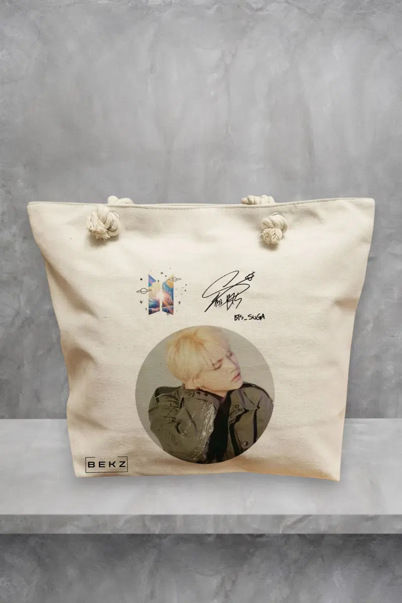 Geanta de Plaja Canvas Tote pentru femei, model BTS Suga, 40x51 cm, Bej, BEKZ®