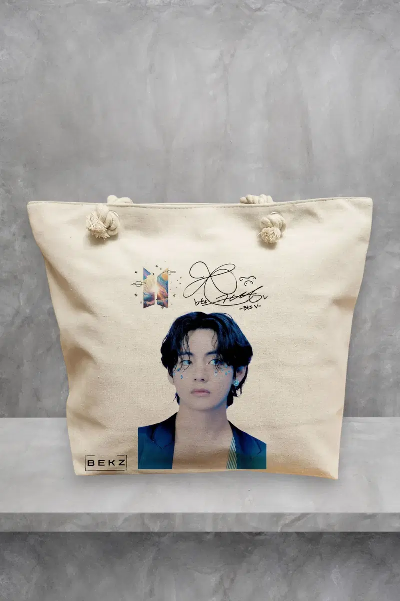Geanta de Plaja Canvas Tote pentru femei, model BTS V, 40x51 cm, Bej, BEKZ®
