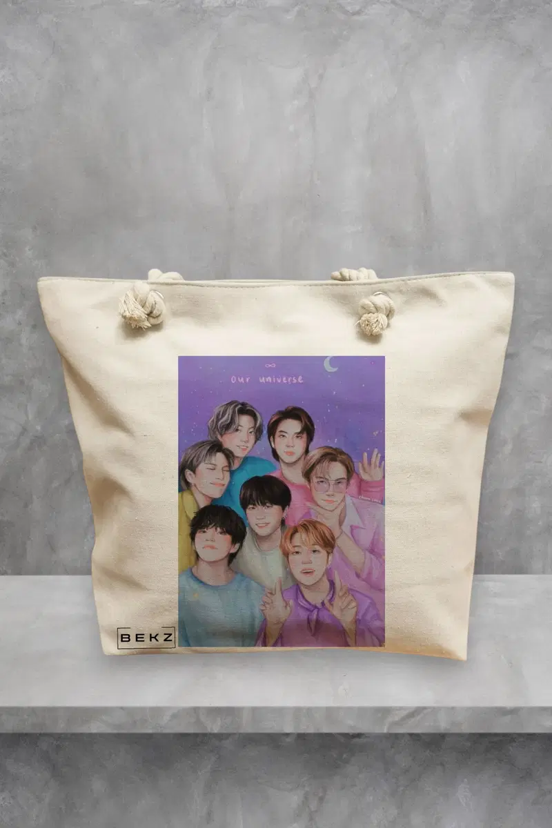 Geanta de Plaja Canvas Tote pentru femei, model BTS Army 4, 40x51 cm, Bej, BEKZ®