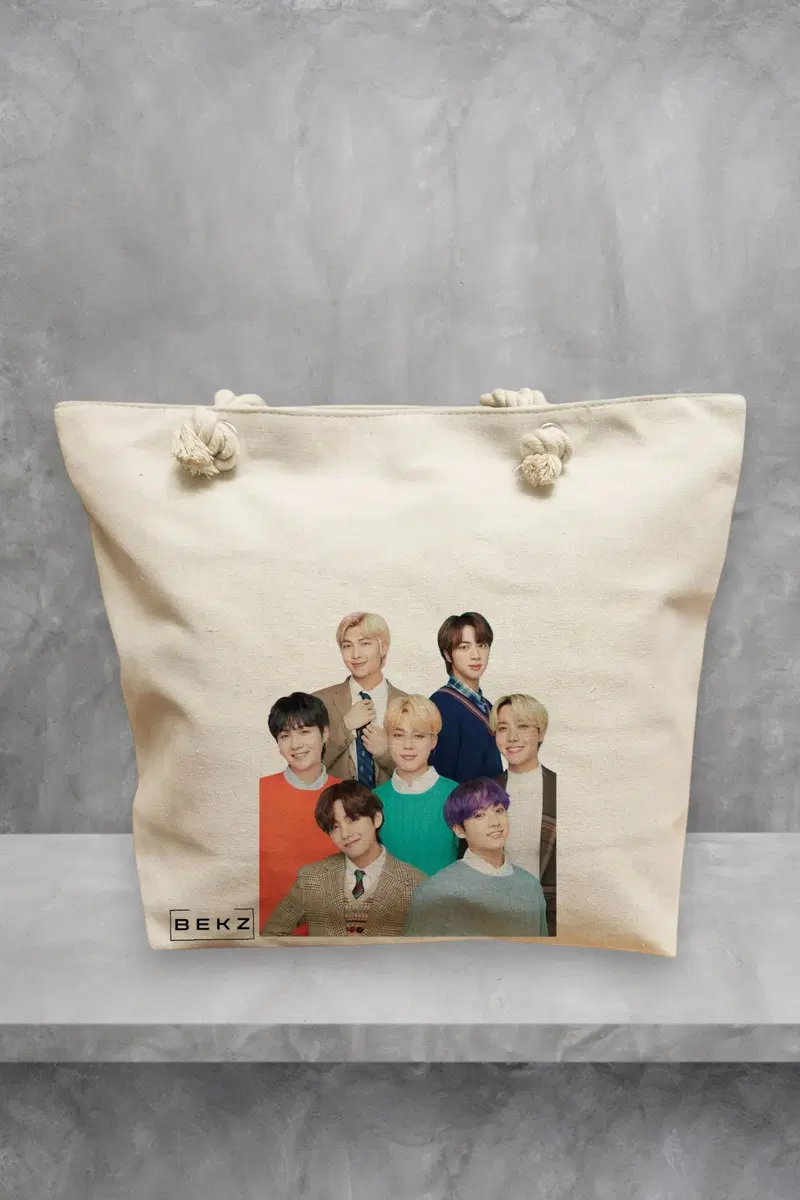 Geanta de Plaja Canvas Tote pentru femei, model BTS Army 5, 40x51 cm, Bej, BEKZ®