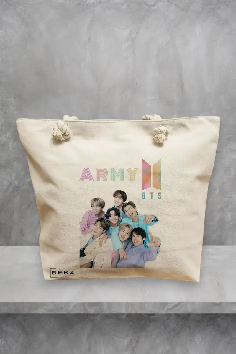Geanta de Plaja Canvas Tote pentru femei, model BTS Army 7, 40x51 cm, Bej, BEKZ®