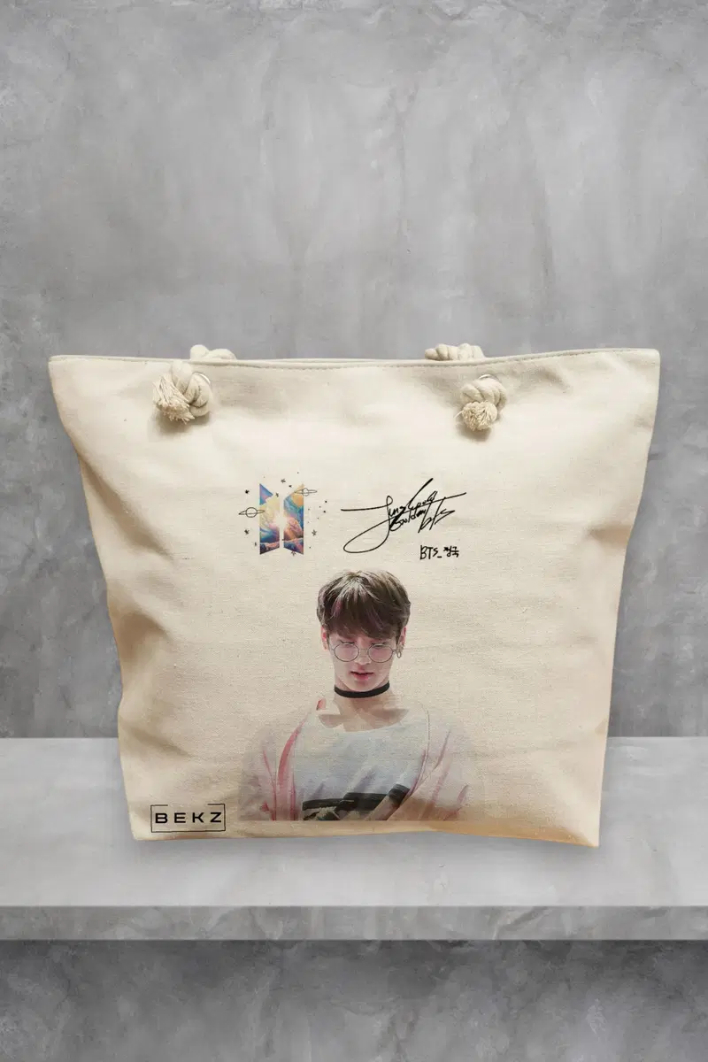 Geanta de Plaja Canvas Tote pentru femei, model BTS Jungkook 2, 40x51 cm, Bej, BEKZ®