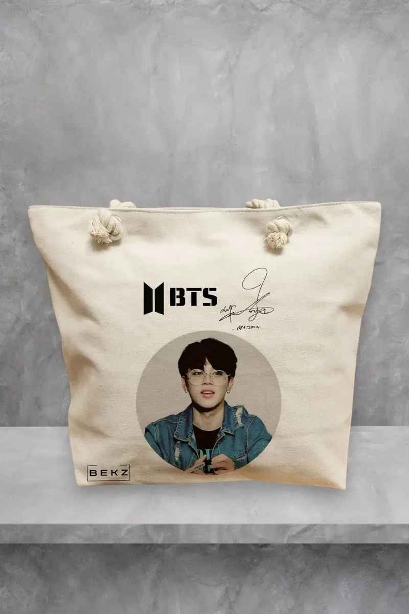 Geanta de Plaja Canvas Tote pentru femei, model BTS Jimin cu semnatura, 40x51 cm, Bej, BEKZ®