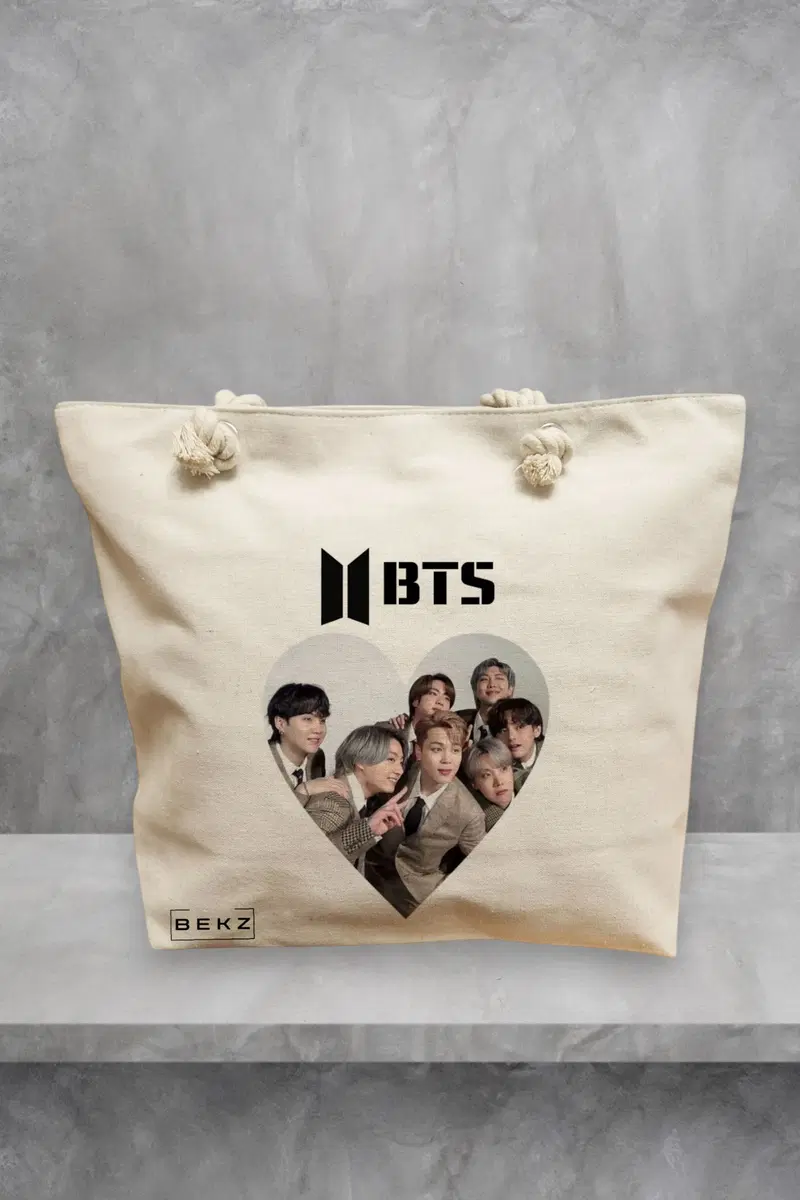 Geanta de Plaja Canvas Tote pentru femei, model BTS Army 10, 40x51 cm, Bej, BEKZ®
