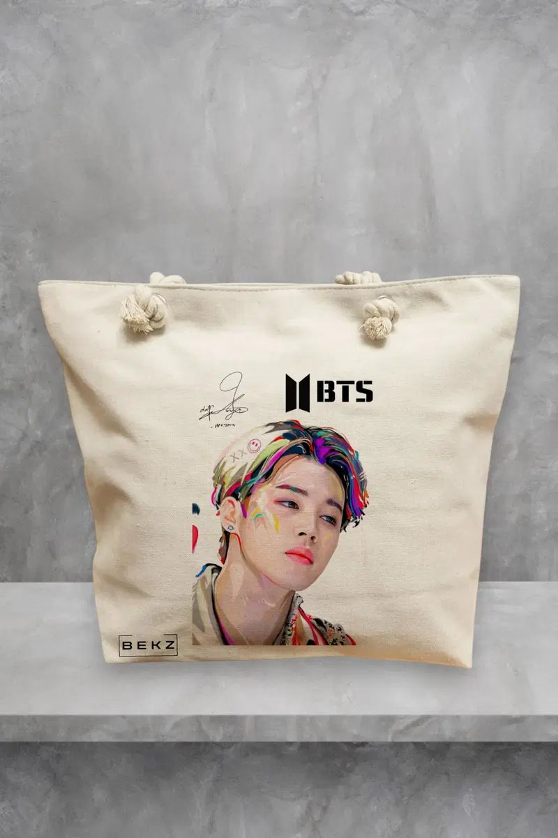Geanta de Plaja Canvas Tote pentru femei, model BTS Jimin cu semnatura 3, 40x51 cm, Bej, BEKZ®