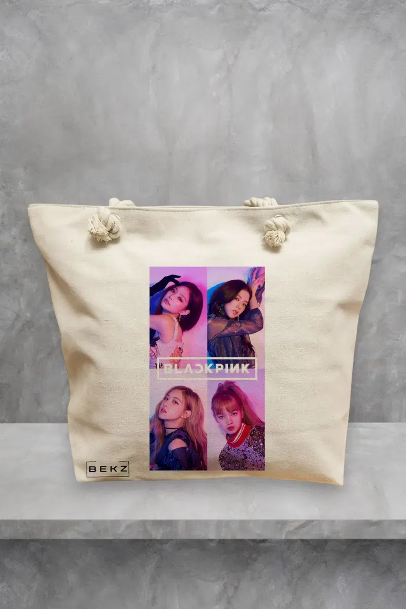 Geanta de Plaja Canvas Tote pentru femei, model Blackpink 2, 40x51 cm, Bej, BEKZ®