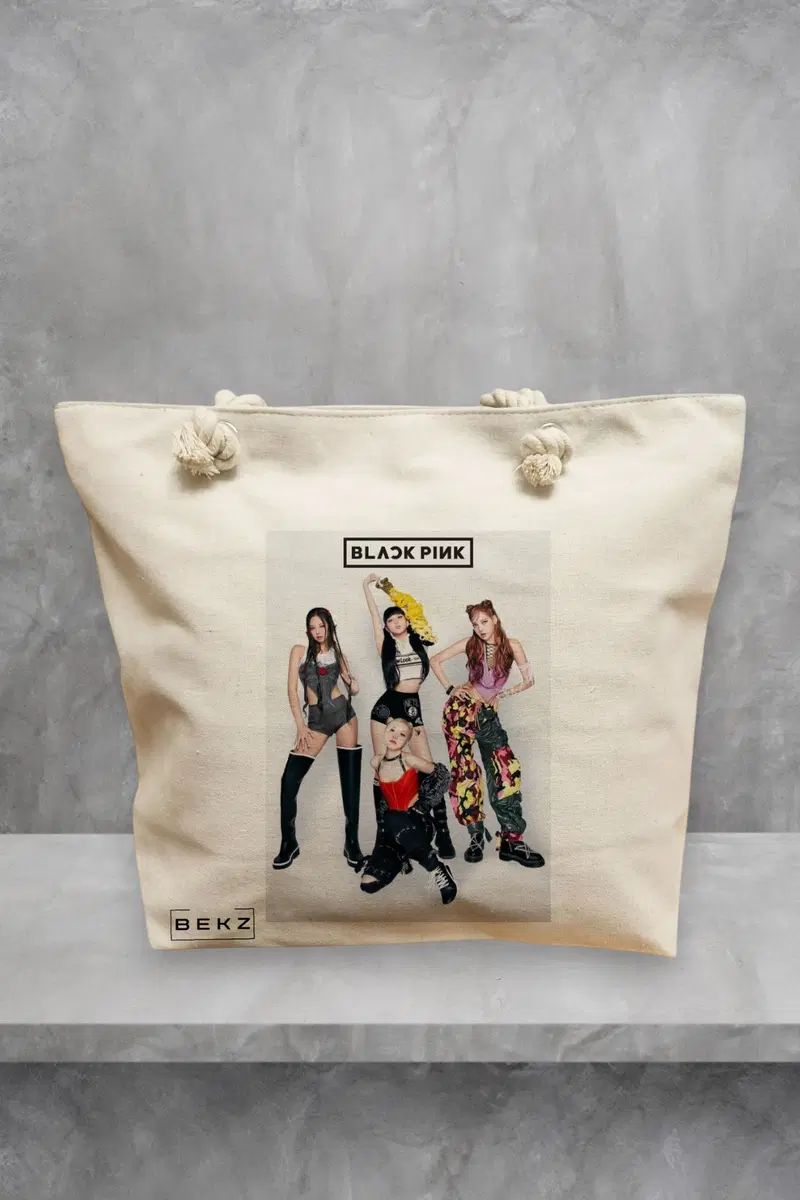 Geanta de Plaja Canvas Tote pentru femei, model Blackpink 4, 40x51 cm, Bej, BEKZ®