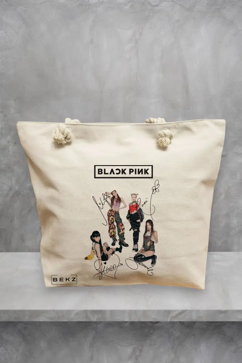 Geanta de Plaja Canvas Tote pentru femei, model Blackpink 6 cu semnaturii, 40x51 cm, Bej, BEKZ®