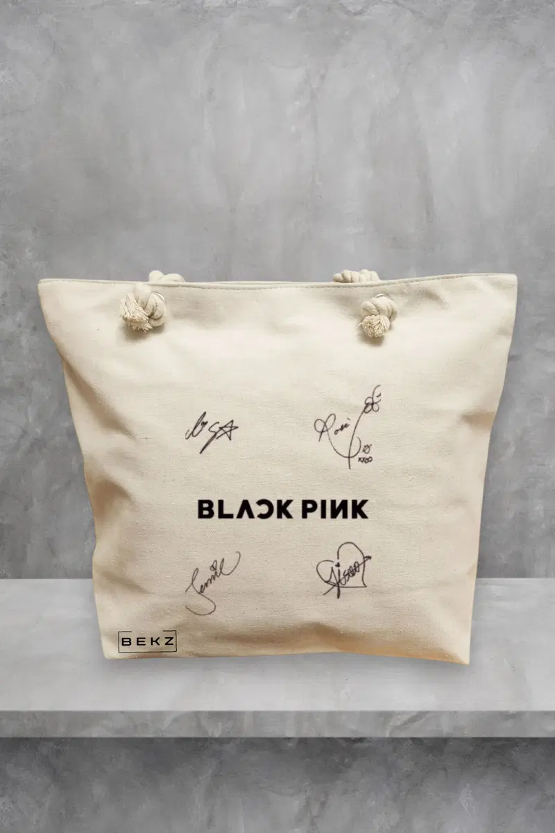 Geanta de Plaja Canvas Tote pentru femei, model Blackpink 8 cu semnaturii, 40x51 cm, Bej, BEKZ®