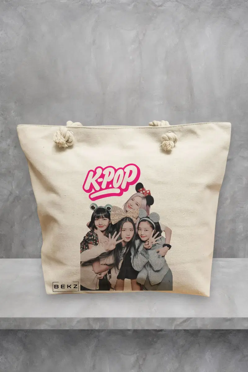 Geanta de Plaja Canvas Tote pentru femei, model Blackpink k-pop, 40x51 cm, Bej, BEKZ®