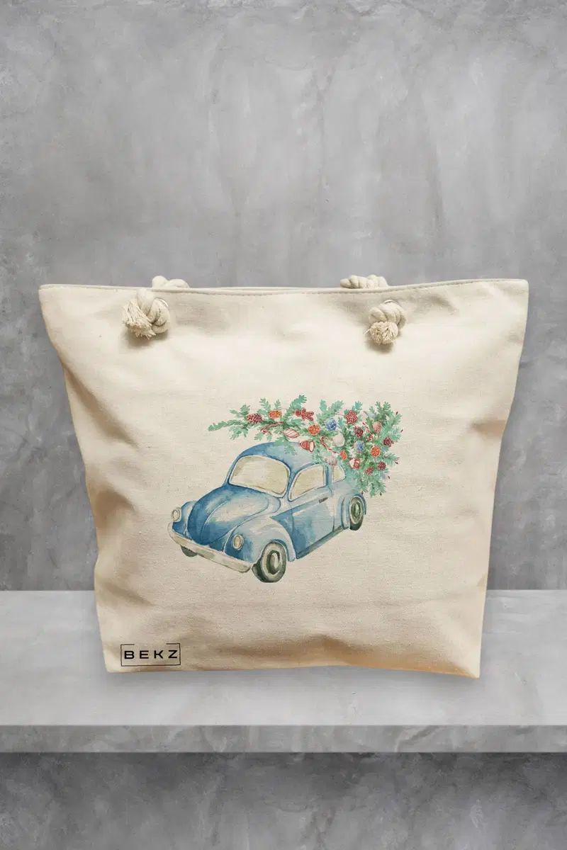 Geanta de Plaja Canvas Tote pentru femei, model Watercolor Car, 40x51 cm, Bej, BEKZ®