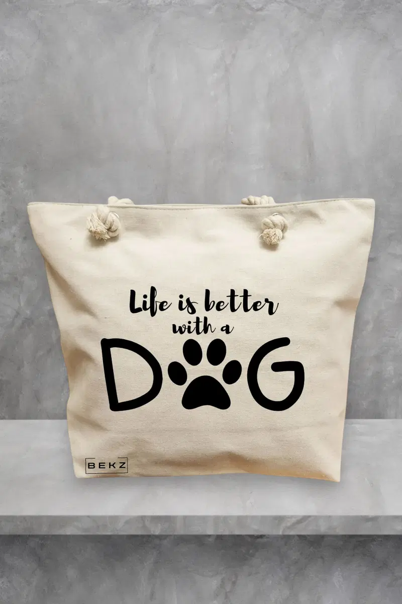 Geanta de Plaja Canvas Tote pentru femei, model Life is better with a doggo, 40x51 cm, Bej, BEKZ®